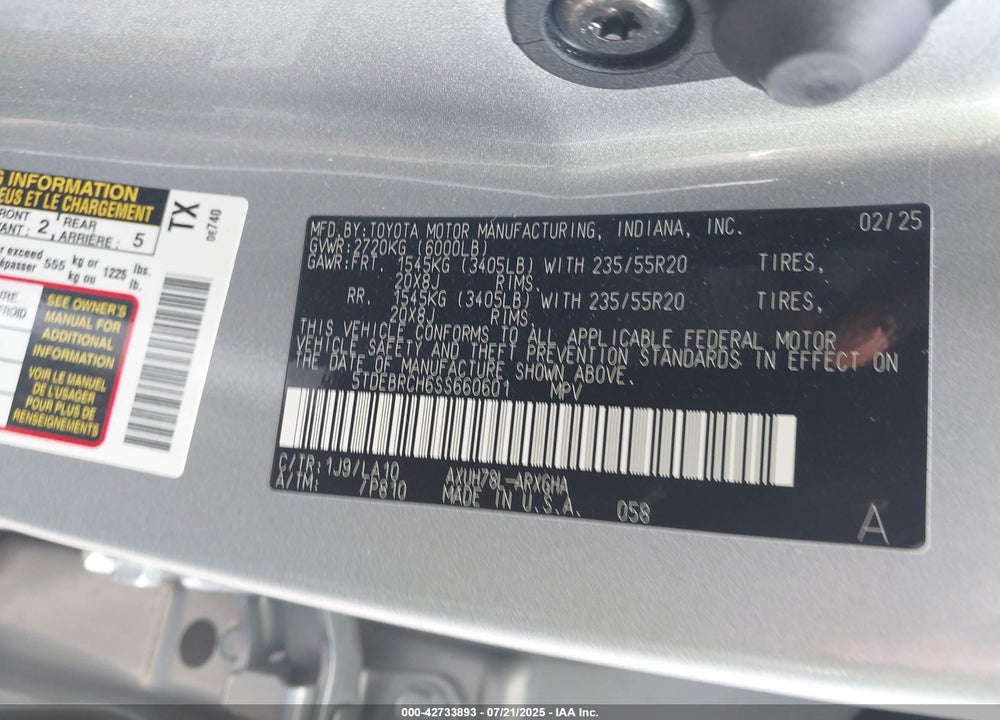 2025 TOYOTA HIGHLANDER HYBRID VIN: 5TDEBRCH6SS660601