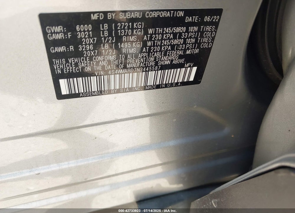 2022 SUBARU ASCENT TOURING VIN: 4S4WMARD7N3445587