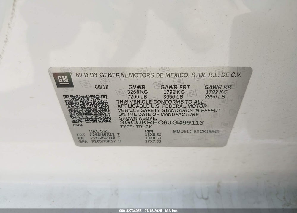 2018 CHEVROLET SILVERADO 1500 VIN: 3GCUKREC6JG499113