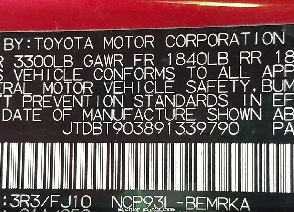 2009 TOYOTA YARIS VIN: JTDBT903891339790