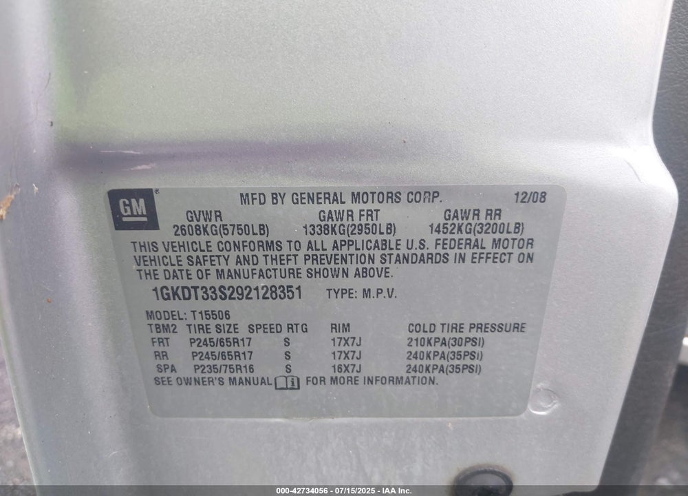 2009 GMC ENVOY SLE VIN: 1GKDT33S292128351