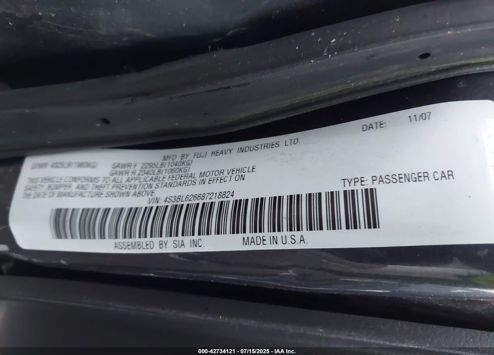 2008 SUBARU LEGACY VIN: 4S3BL626687218824