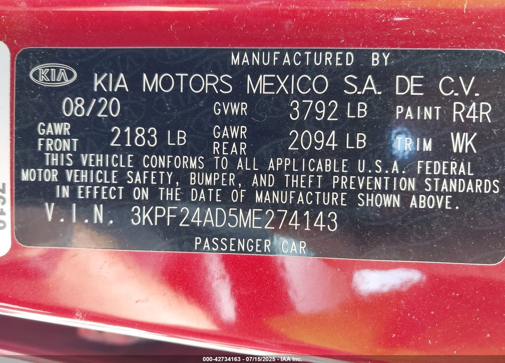 2021 KIA FORTE VIN: 3KPF24AD5ME274143