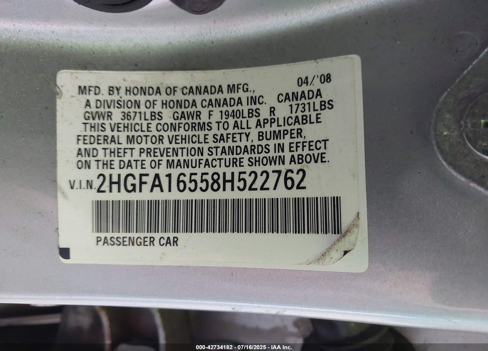 2008 HONDA CIVIC VIN: 2HGFA16558H522762