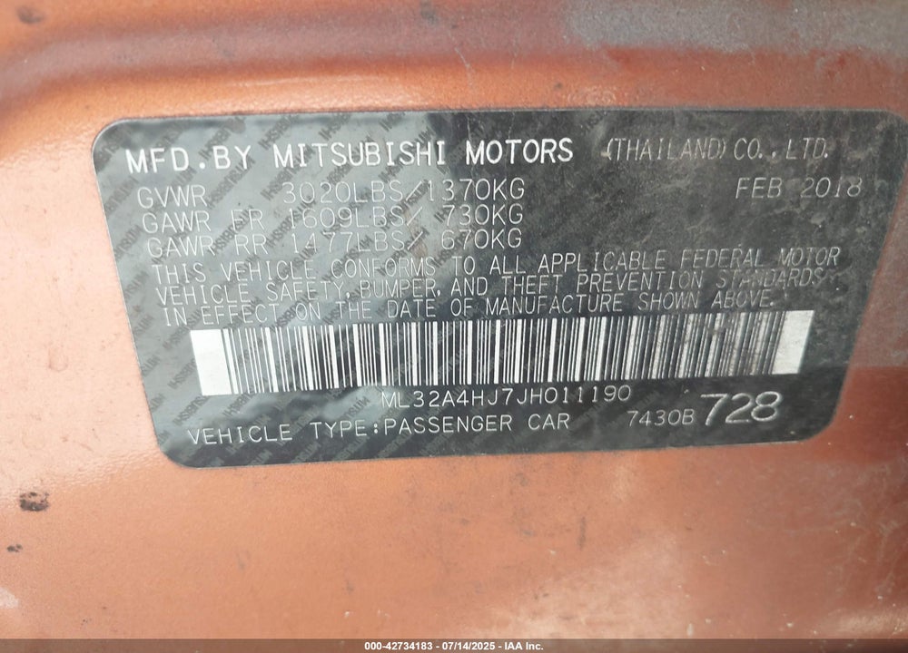 2018 MITSUBISHI MIRAGE VIN: ML32A4HJ7JH011190