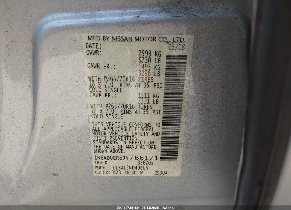 2018 NISSAN FRONTIER VIN: 1N6AD0ER6JN766171