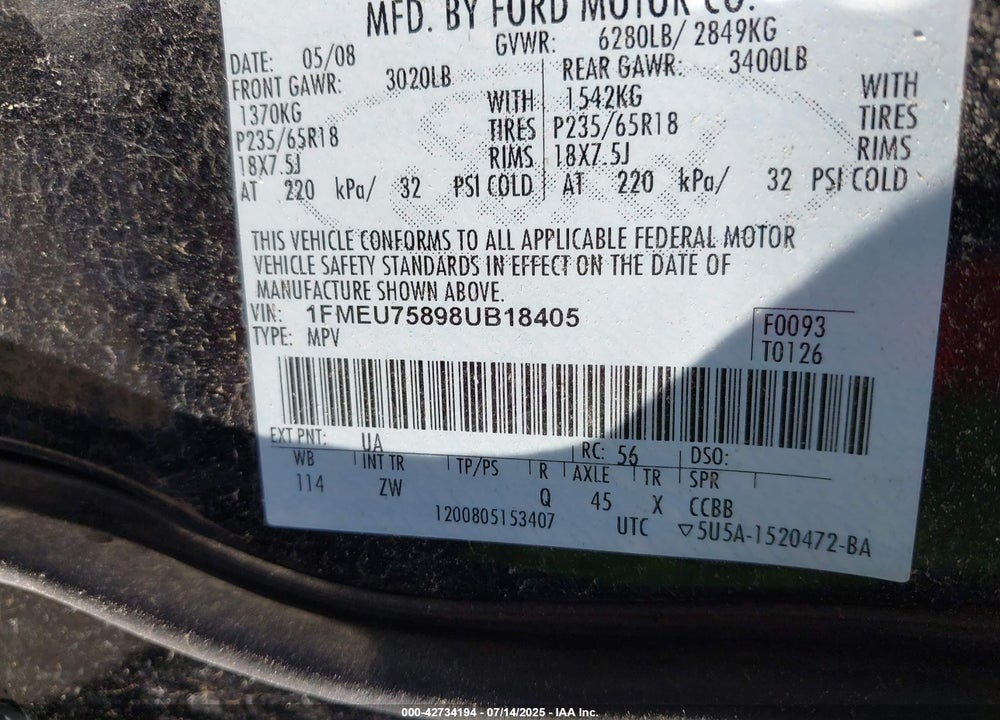 2008 FORD EXPLORER VIN: 1FMEU75898UB18405