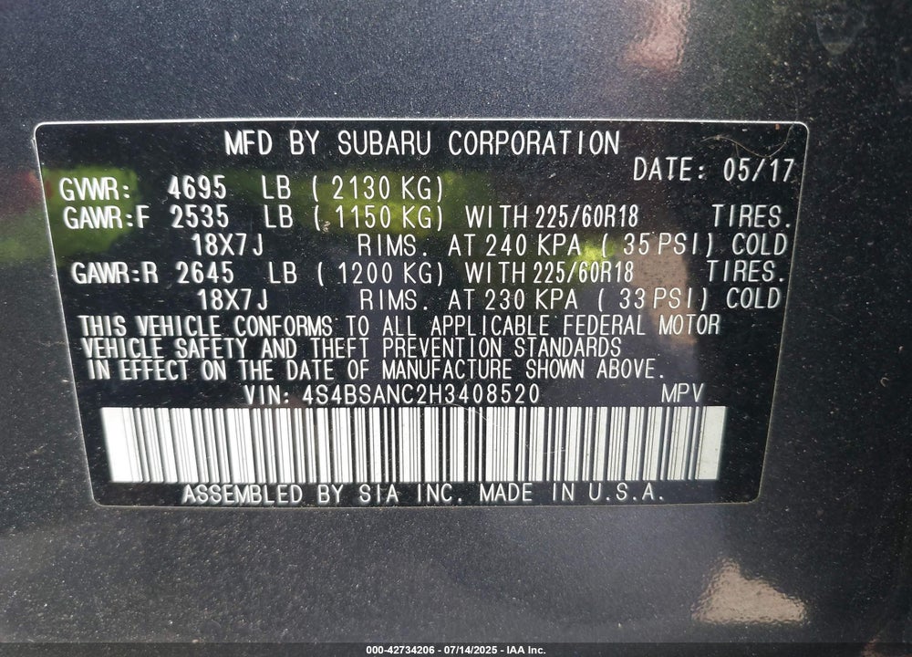 2017 SUBARU OUTBACK 2.5I LIMITED VIN: 4S4BSANC2H3408520