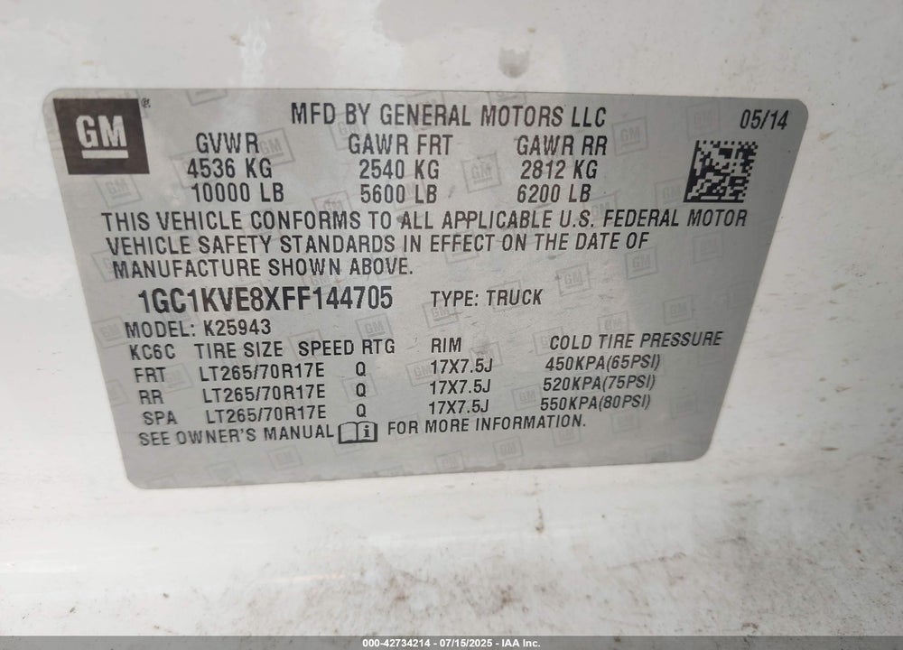 2015 CHEVROLET SILVERADO 2500 VIN: 1GC1KVE8XFF144705