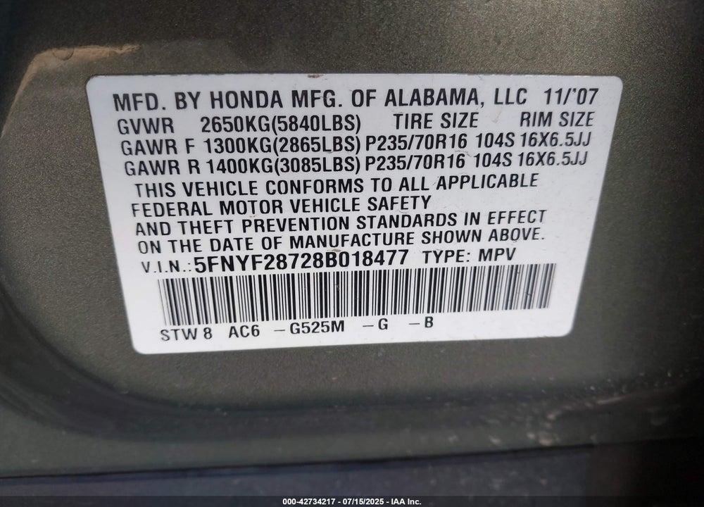 2008 HONDA PILOT VIN: 5FNYF28728B018477