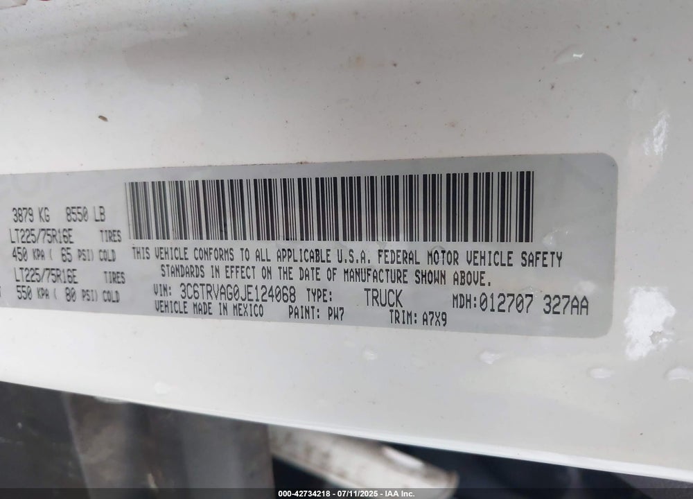 2018 RAM PROMASTER 1500 VIN: 3C6TRVAG0JE124068