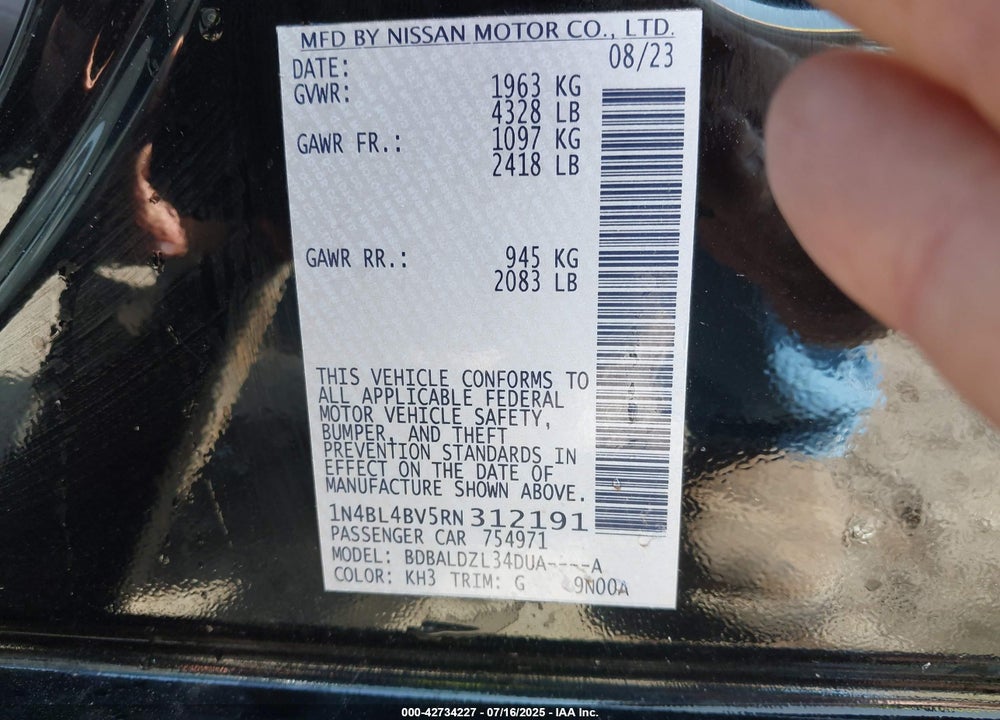 2024 NISSAN ALTIMA S FWD VIN: 1N4BL4BV5RN312191