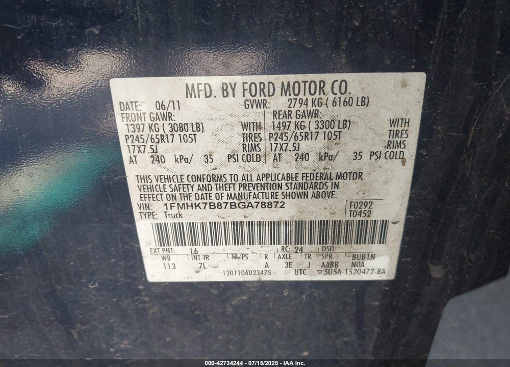 2011 FORD EXPLORER VIN: 1FMHK7B87BGA78872