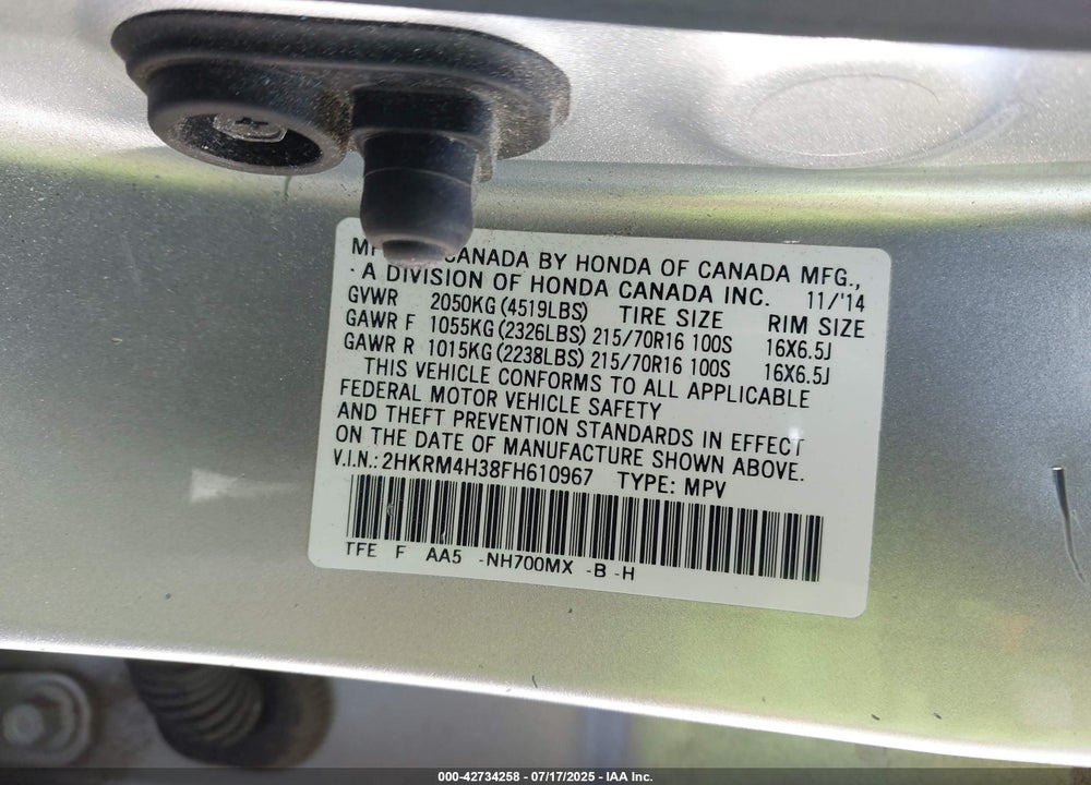 2015 HONDA CR-V VIN: 2HKRM4H38FH610967