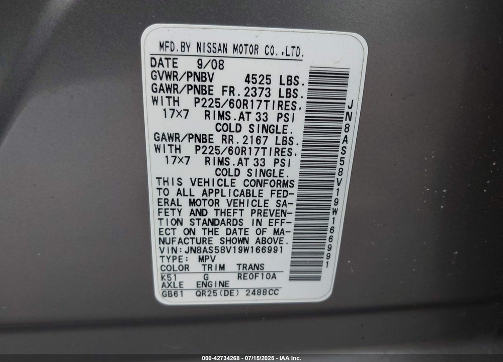 2009 NISSAN ROGUE VIN: JN8AS58V19W166991