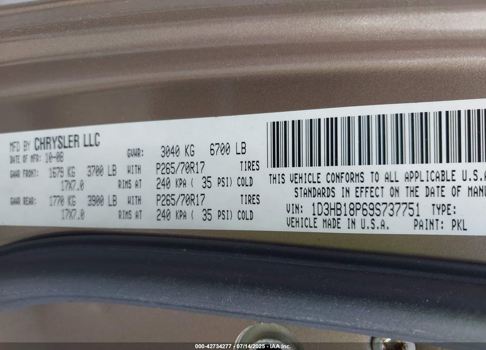 2009 DODGE RAM 1500 VIN: 1D3HB18P69S737751