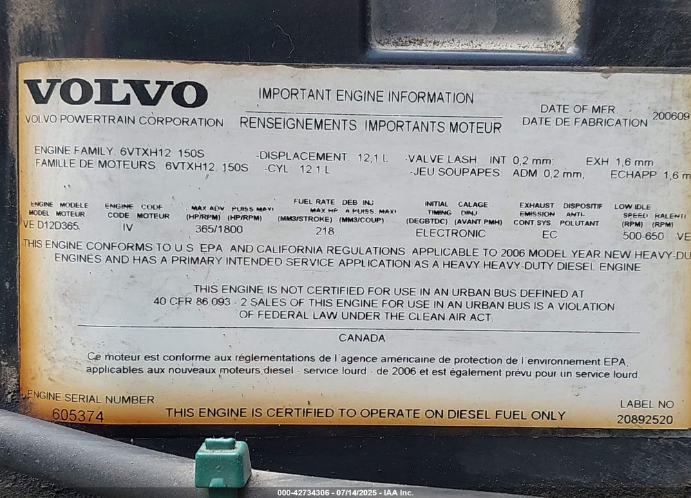 2007 VOLVO VN VNM VIN: 4V4MC9GF47N478835