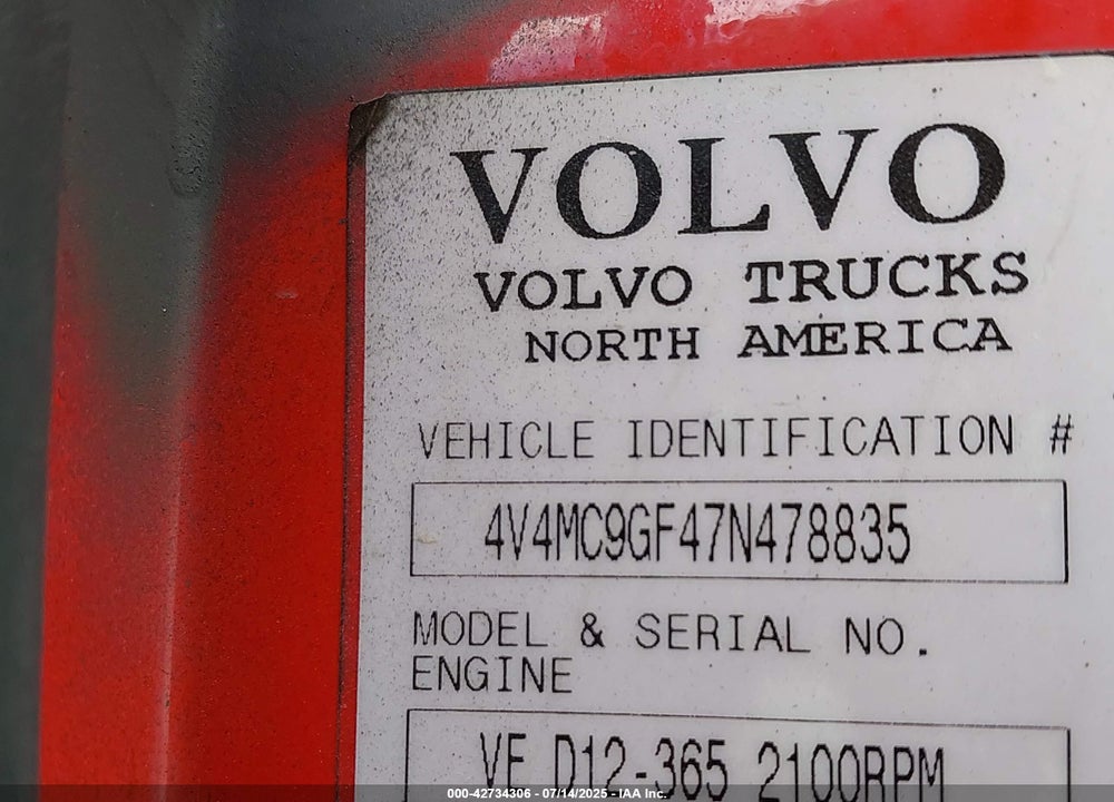 2007 VOLVO VN VNM VIN: 4V4MC9GF47N478835