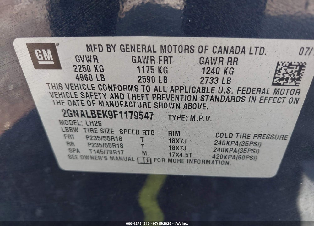2015 CHEVROLET EQUINOX VIN: 2GNALBEK9F1179547