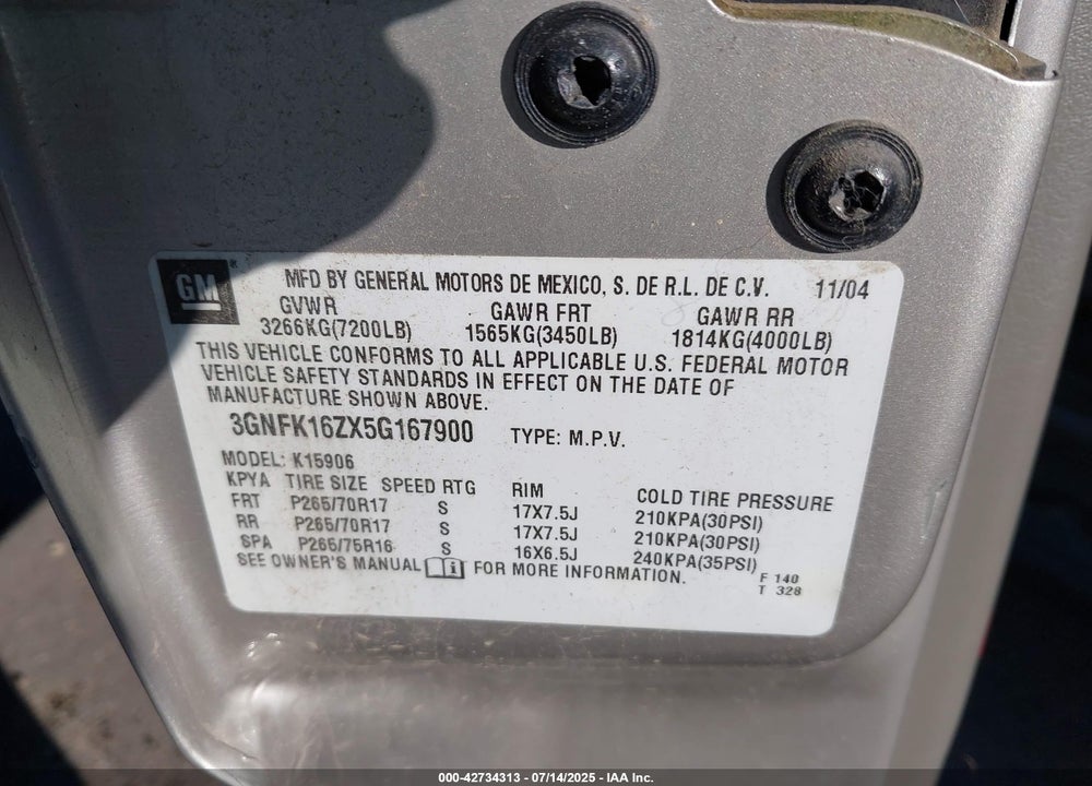 2005 CHEVROLET SUBURBAN 1500 Z71 VIN: 3GNFK16ZX5G167900