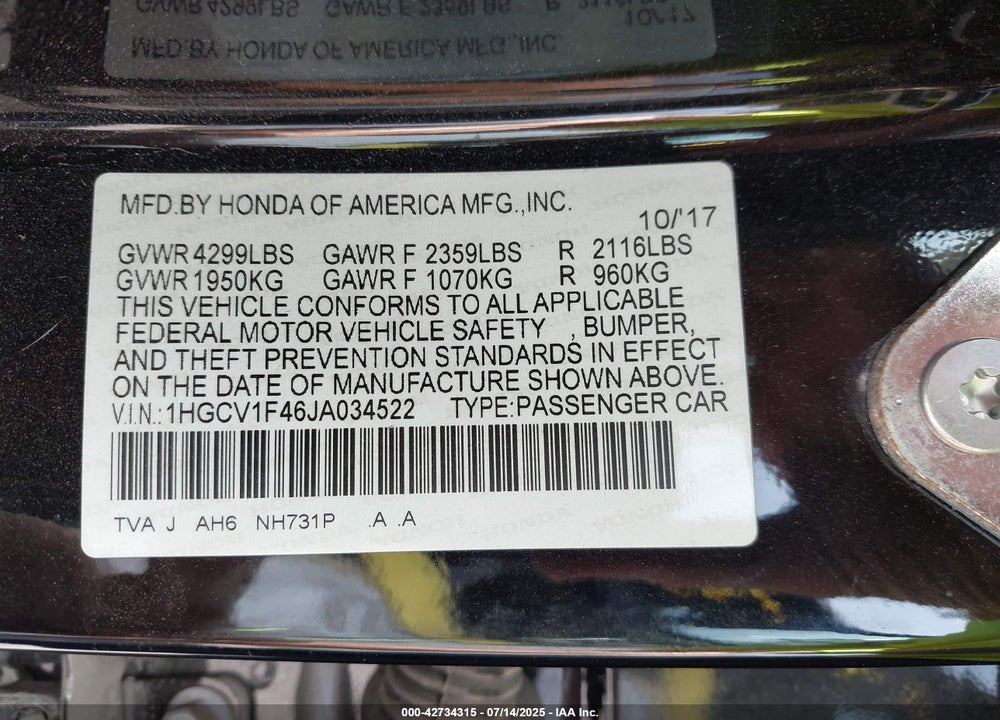 2018 HONDA ACCORD VIN: 1HGCV1F46JA034522