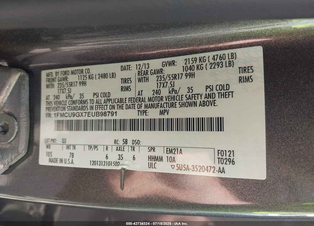 2014 FORD ESCAPE VIN: 1FMCU9GX7EUB98791