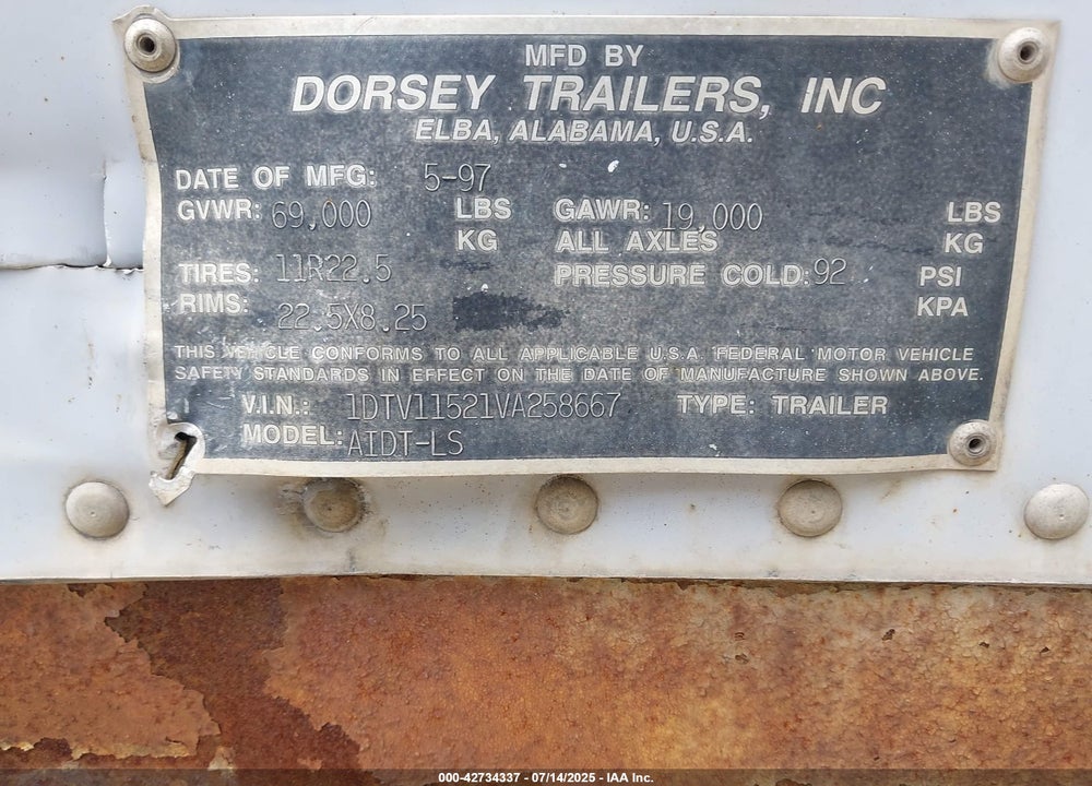 1997 DORSEY TRAILERS --- VIN: 1DTV11521VA258667