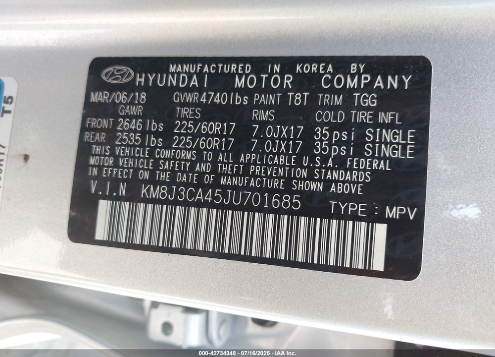 2018 HYUNDAI TUCSON SEL VIN: KM8J3CA45JU701685