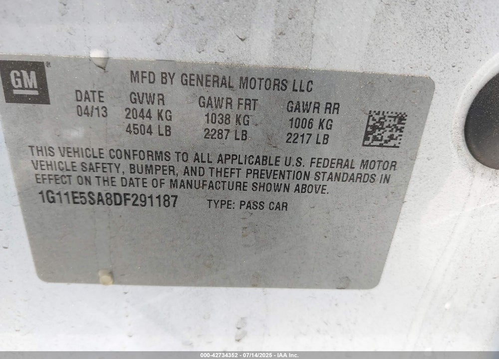 2013 CHEVROLET MALIBU VIN: 1G11E5SA8DF291187