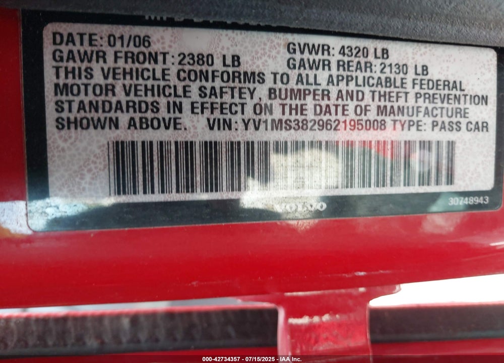 2006 VOLVO S40 2.4I VIN: YV1MS382962195008