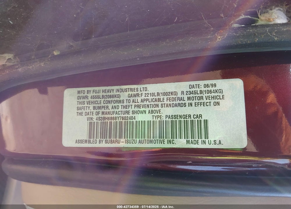 2000 SUBARU OUTBACK LIMITED VIN: 4S3BH6868Y7602404