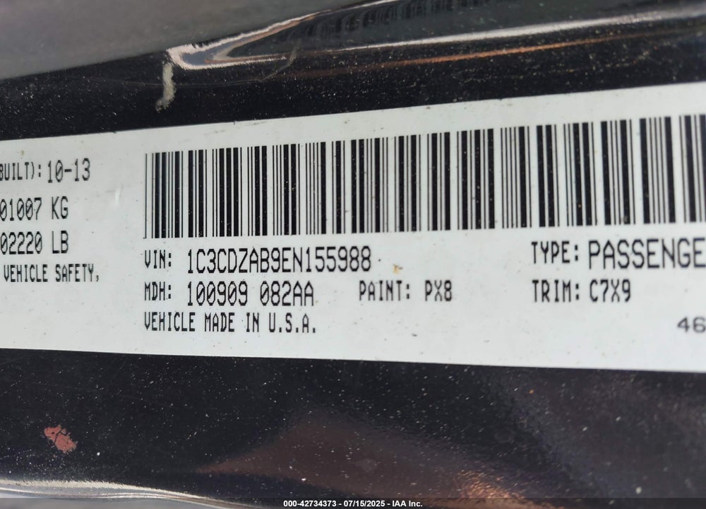 2014 DODGE AVENGER VIN: 1C3CDZAB9EN155988