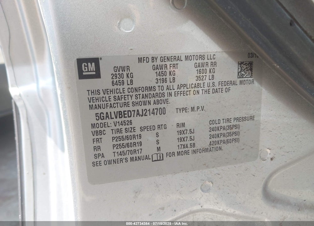 2010 BUICK ENCLAVE VIN: 5GALVBED7AJ214700
