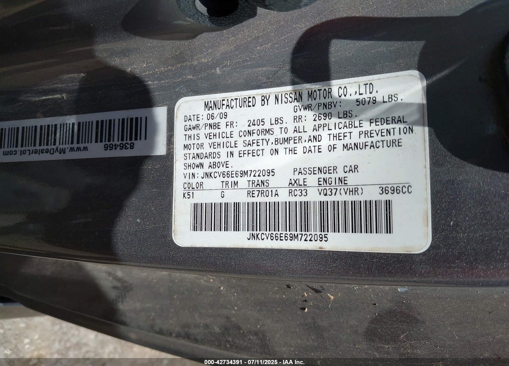 2009 INFINITI G37 VIN: JNKCV66E69M722095