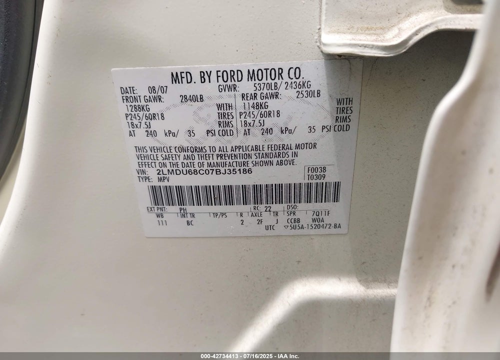 2007 LINCOLN MKX VIN: 2LMDU68C07BJ35186