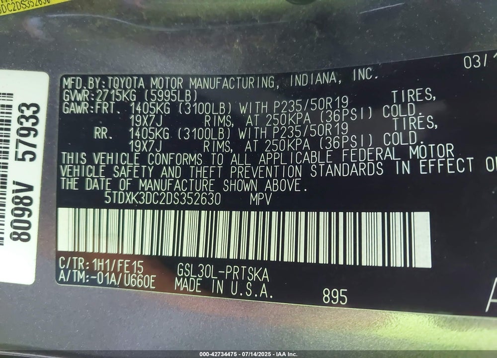 2013 TOYOTA SIENNA VIN: 5TDXK3DC2DS352630