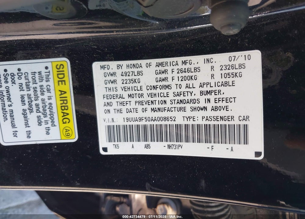 2010 ACURA TL VIN: 19UUA9F50AA008652
