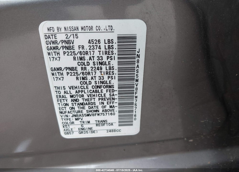 2015 NISSAN ROGUE VIN: JN8AS5MV8FW757160