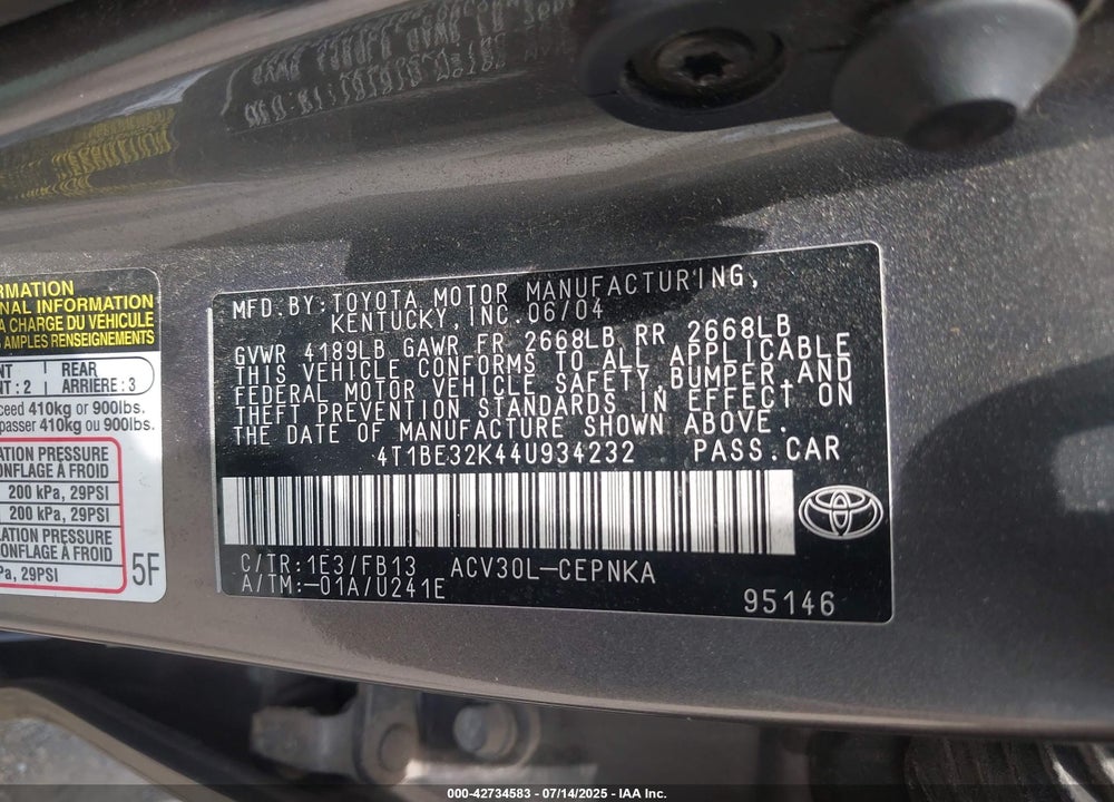2004 TOYOTA CAMRY LE VIN: 4T1BE32K44U934232