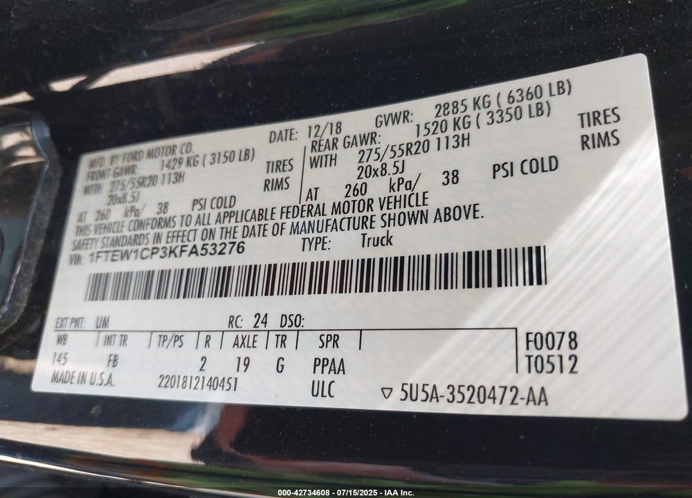 2019 FORD F-150 VIN: 1FTEW1CP3KFA53276