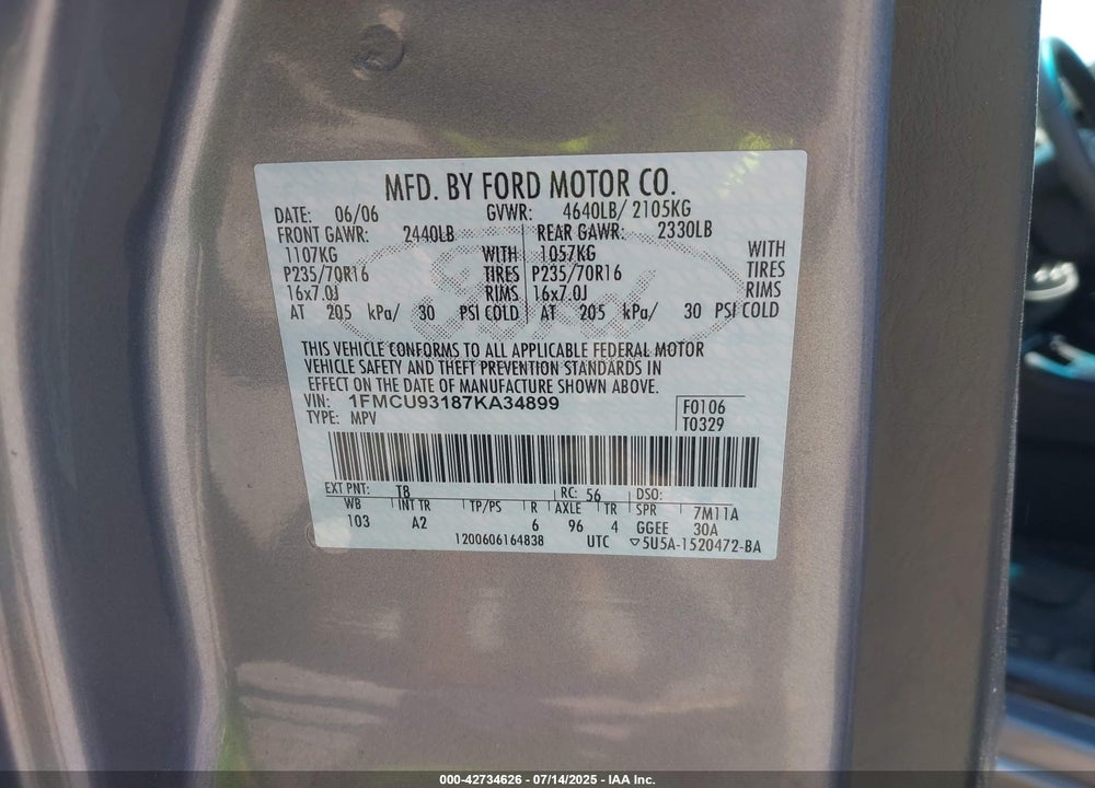2007 FORD ESCAPE VIN: 1FMCU93187KA34899