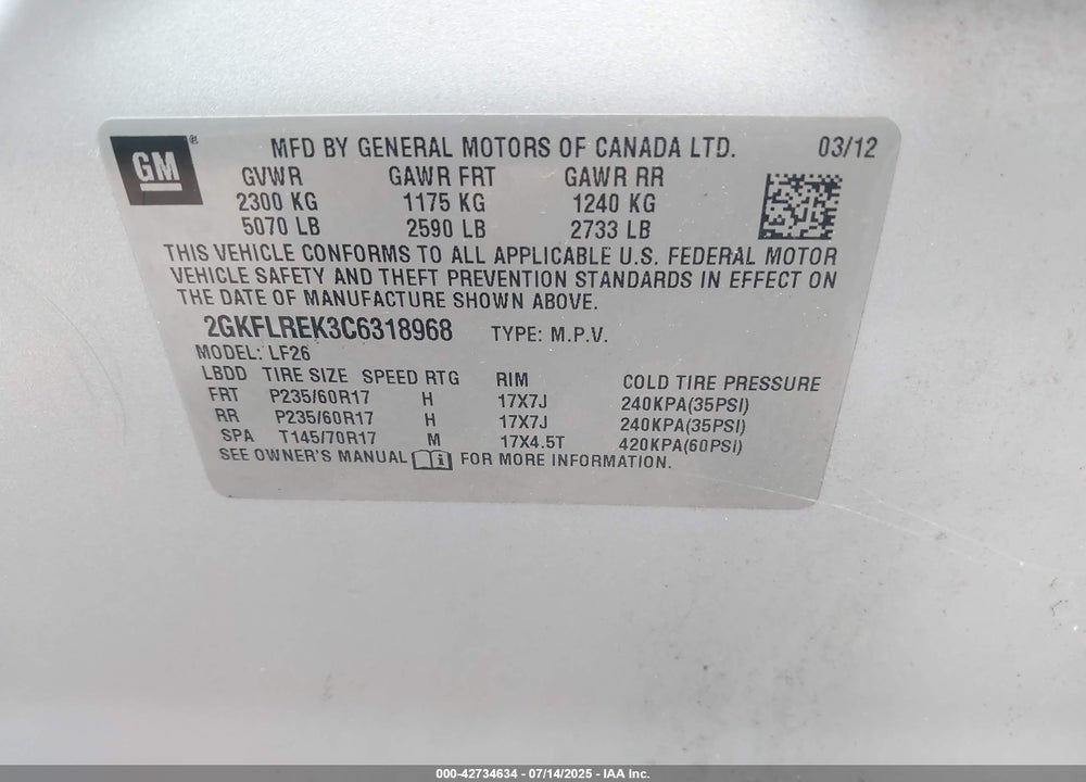 2012 GMC TERRAIN SLE-1 VIN: 2GKFLREK3C6318968