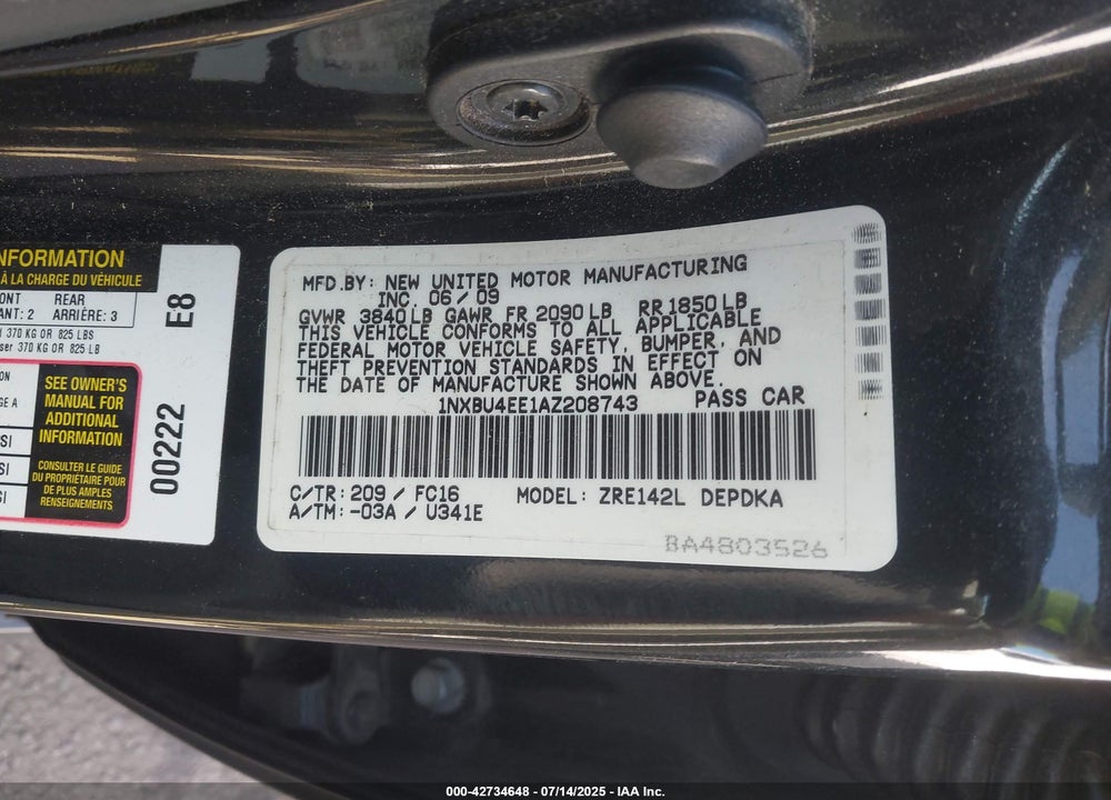 2010 TOYOTA COROLLA VIN: 1NXBU4EE1AZ208743