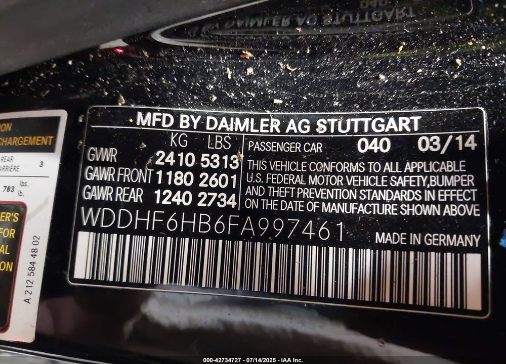 2015 MERCEDES-BENZ E-CLASS VIN: WDDHF6HB6FA997461