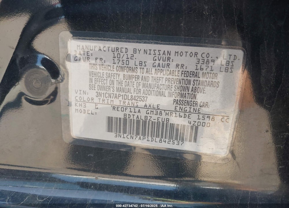 2013 NISSAN VERSA VIN: 3N1CN7AP1DL842537