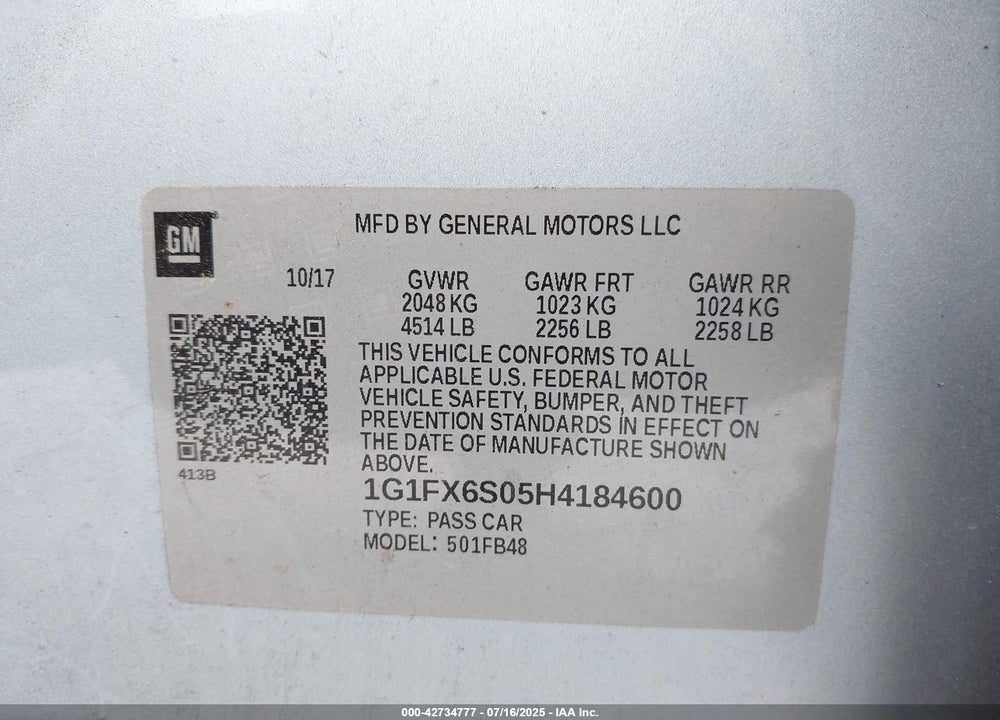 2017 CHEVROLET BOLT EV VIN: 1G1FX6S05H4184600