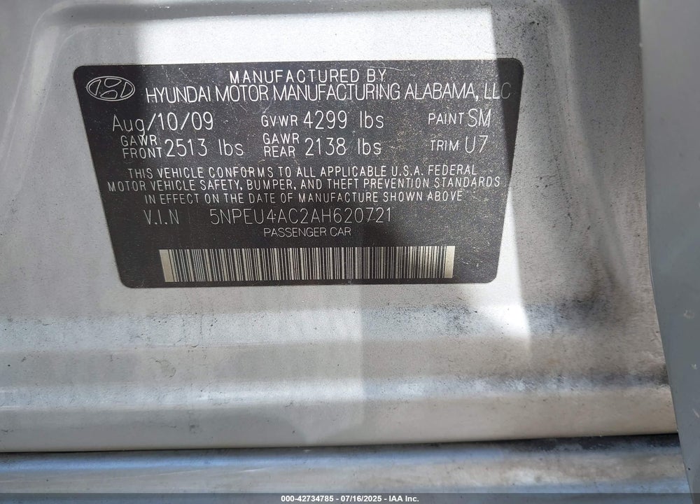 2010 HYUNDAI SONATA VIN: 5NPEU4AC2AH620721