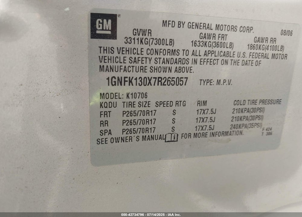 2007 CHEVROLET TAHOE LT VIN: 1GNFK130X7R265057