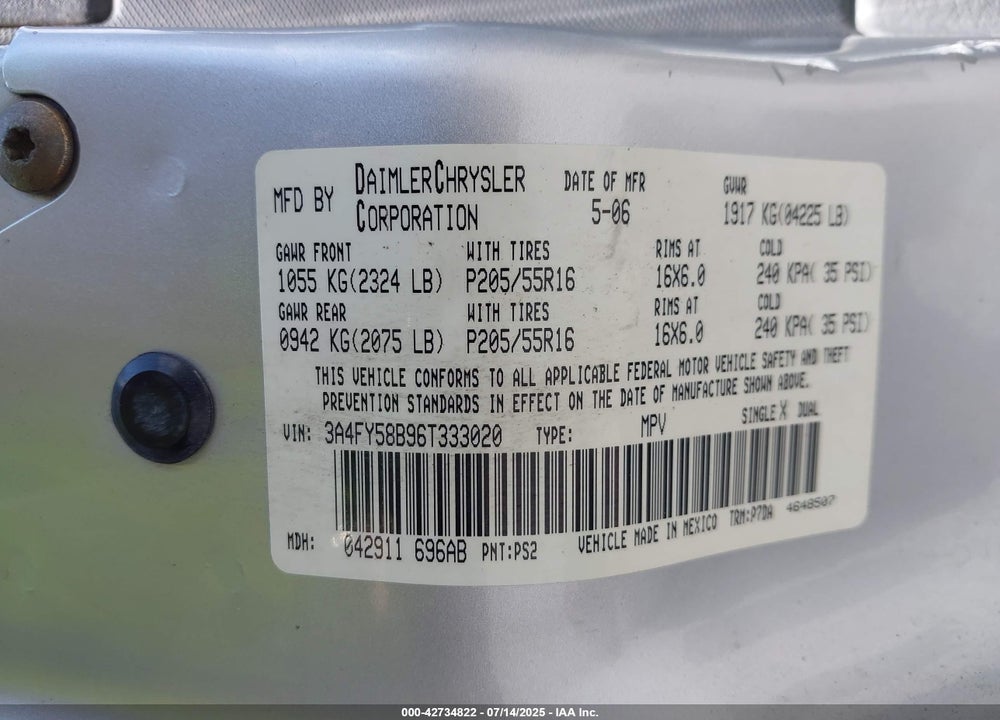 2006 CHRYSLER PT CRUISER VIN: 3A4FY58B96T333020