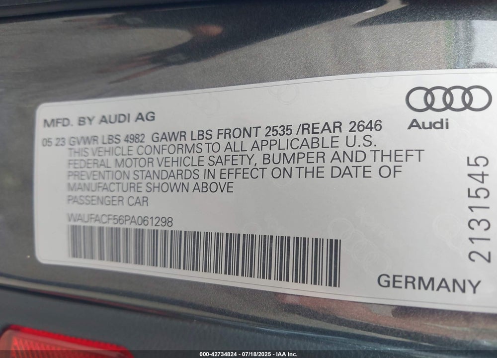 2023 AUDI A5 SPORTBACK VIN: WAUFACF56PA061298